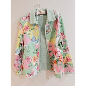 Alfred Dunner Coastal Patchwork Quilted Jacket Green Gingham Reversible Size 14